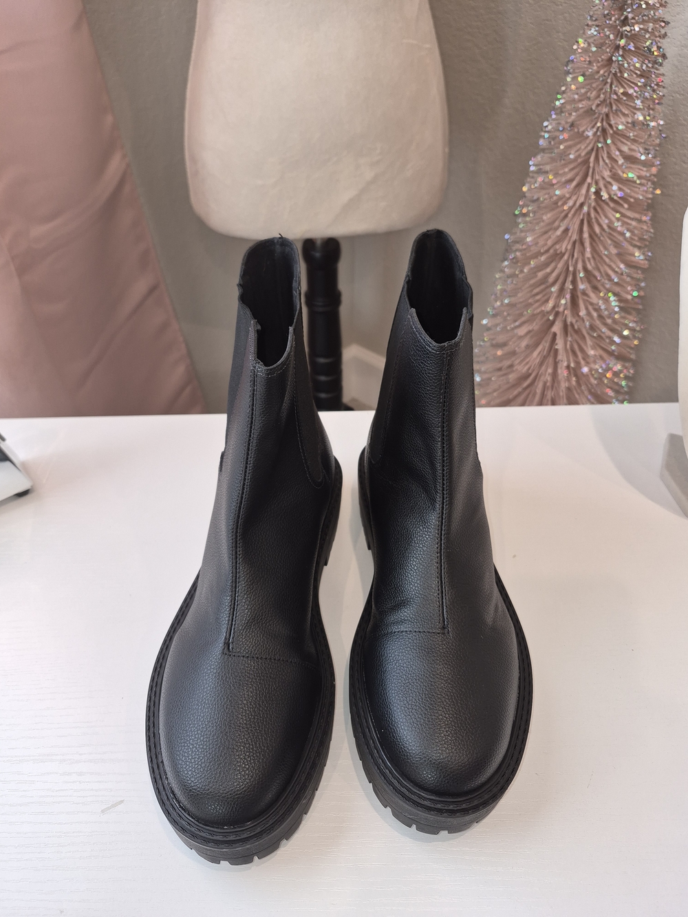 Women's Black Leather Chelsea Combat Boots - Sleek Pull-On Moto Style